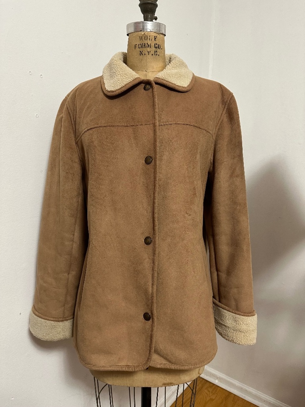 Talbots Women’s Large Faux Shearling Barn Coat Tan Suede Sherpa Lined Western